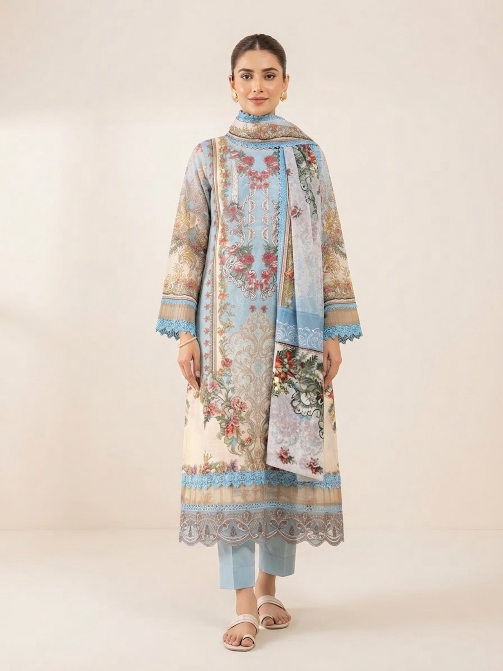 Light Blue Floral Printed Robe-Style Kurta with Scarf and Trousers Lawn suit